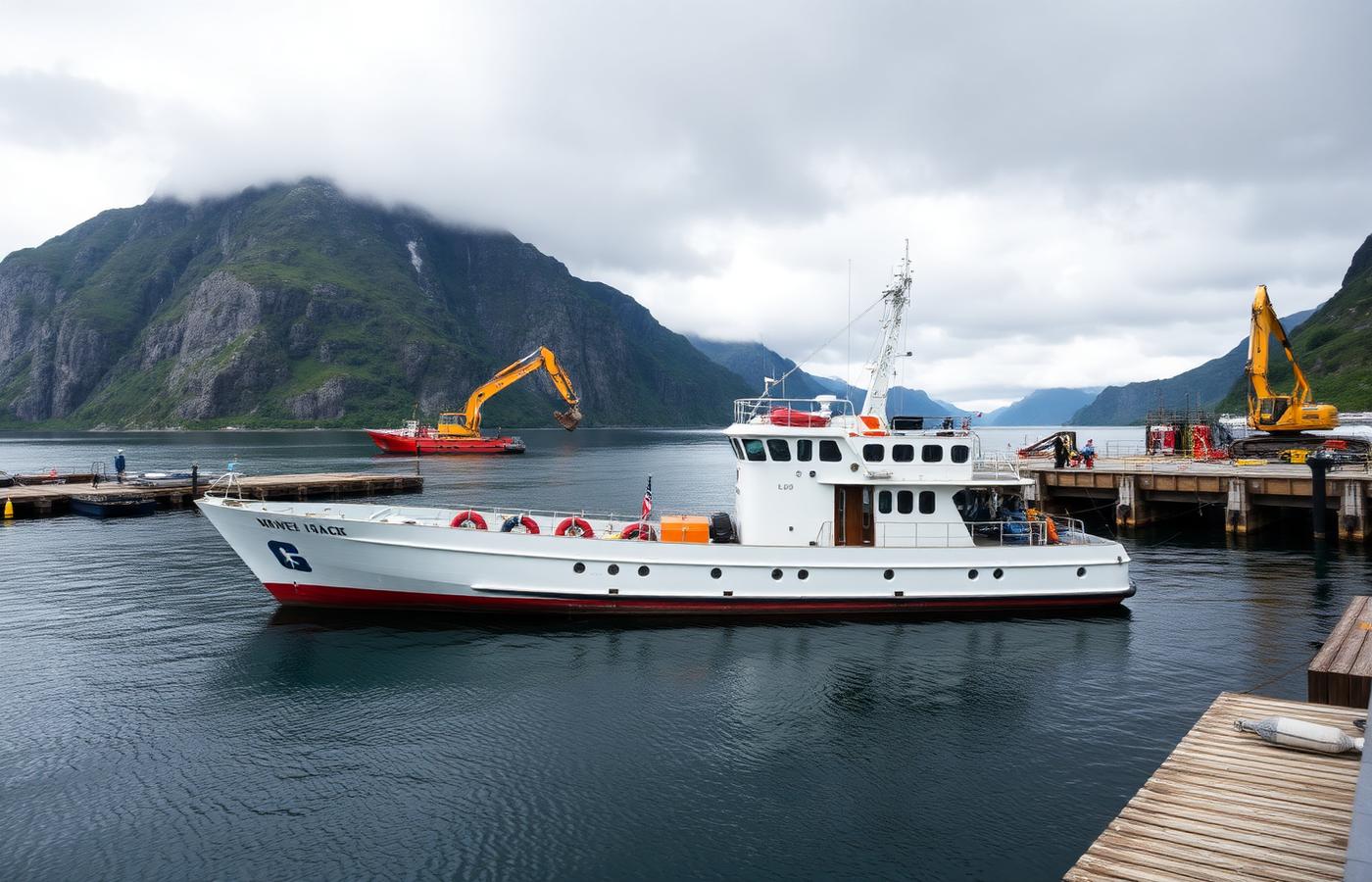 Arbeidsbåt og lekter i norsk fjord